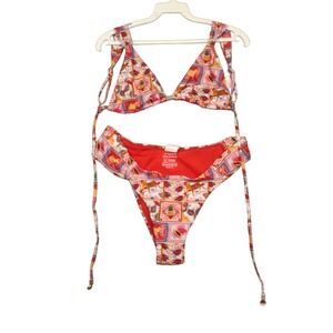 Escape to Paradise Bikini Set Womens L Red Tropical Brasil Stamp Print Spandex